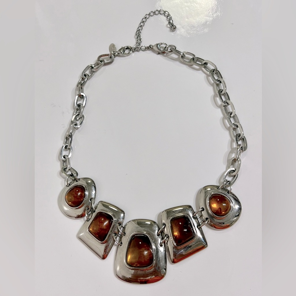 Kiam Family  Amber Glass Cabochon  silver tone statement necklace